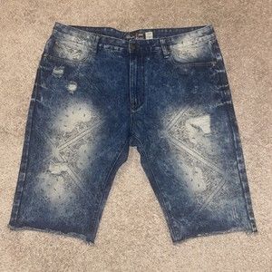 Bleecker & Mercer Men's Dark Wash Distressed Bandana Paisley Denim Shorts Sz 38